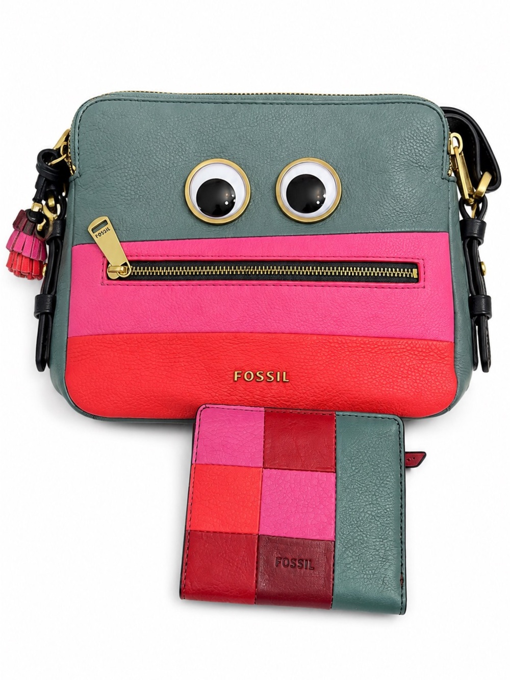 Fossil Colorblock Crossbody Bag with Playful Eye Detail in Teal, Pink & Red
